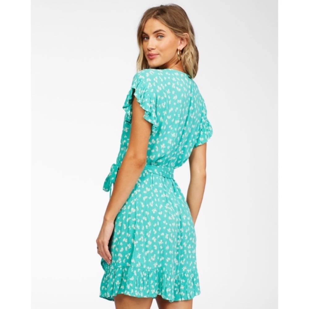 Billabong Wrap and Roll Aqua Green Floral V-Neck Mini Wrap Dress - Picture 2 of 6